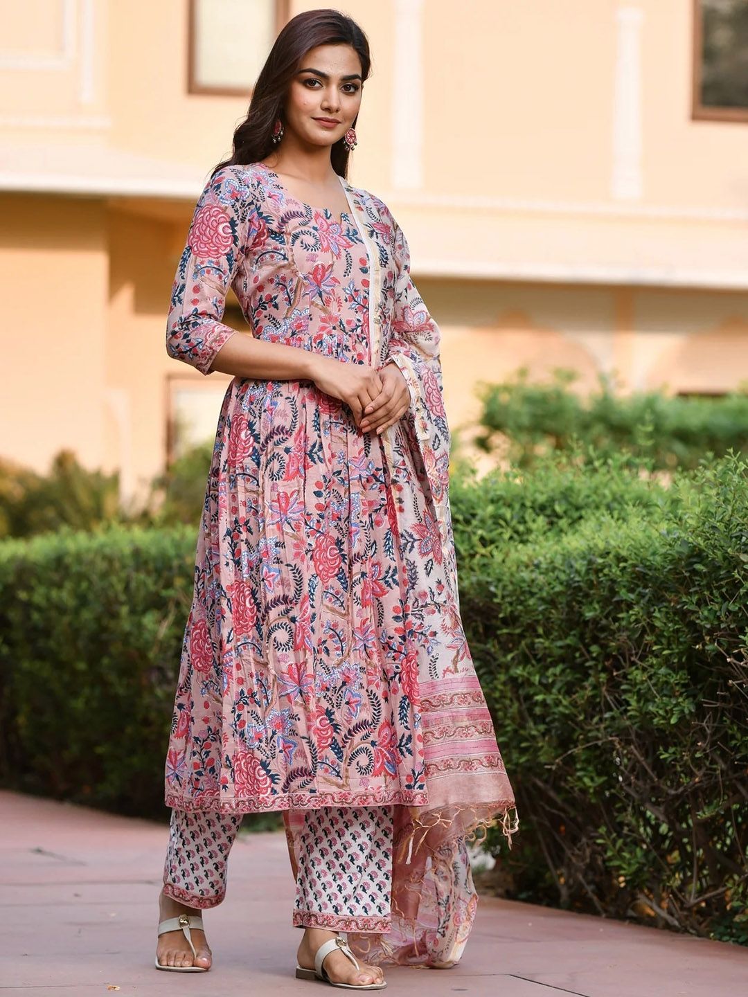 KALINI Floral Printed Regular Kurta with Trousers & With Dupatta
