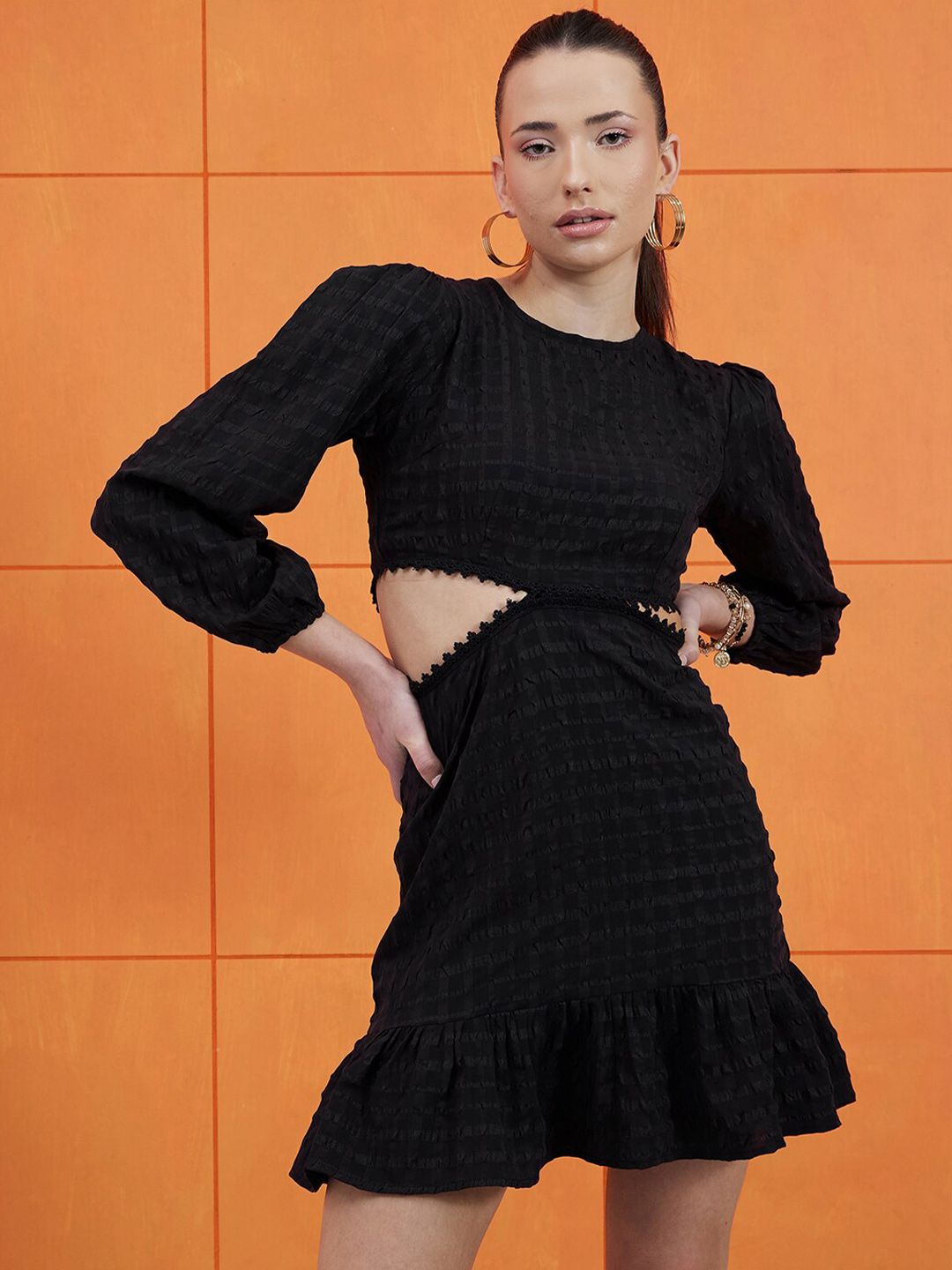STREET 9 Self Design Round Neck Puff Sleeves Cut-Outs A-Line Dress