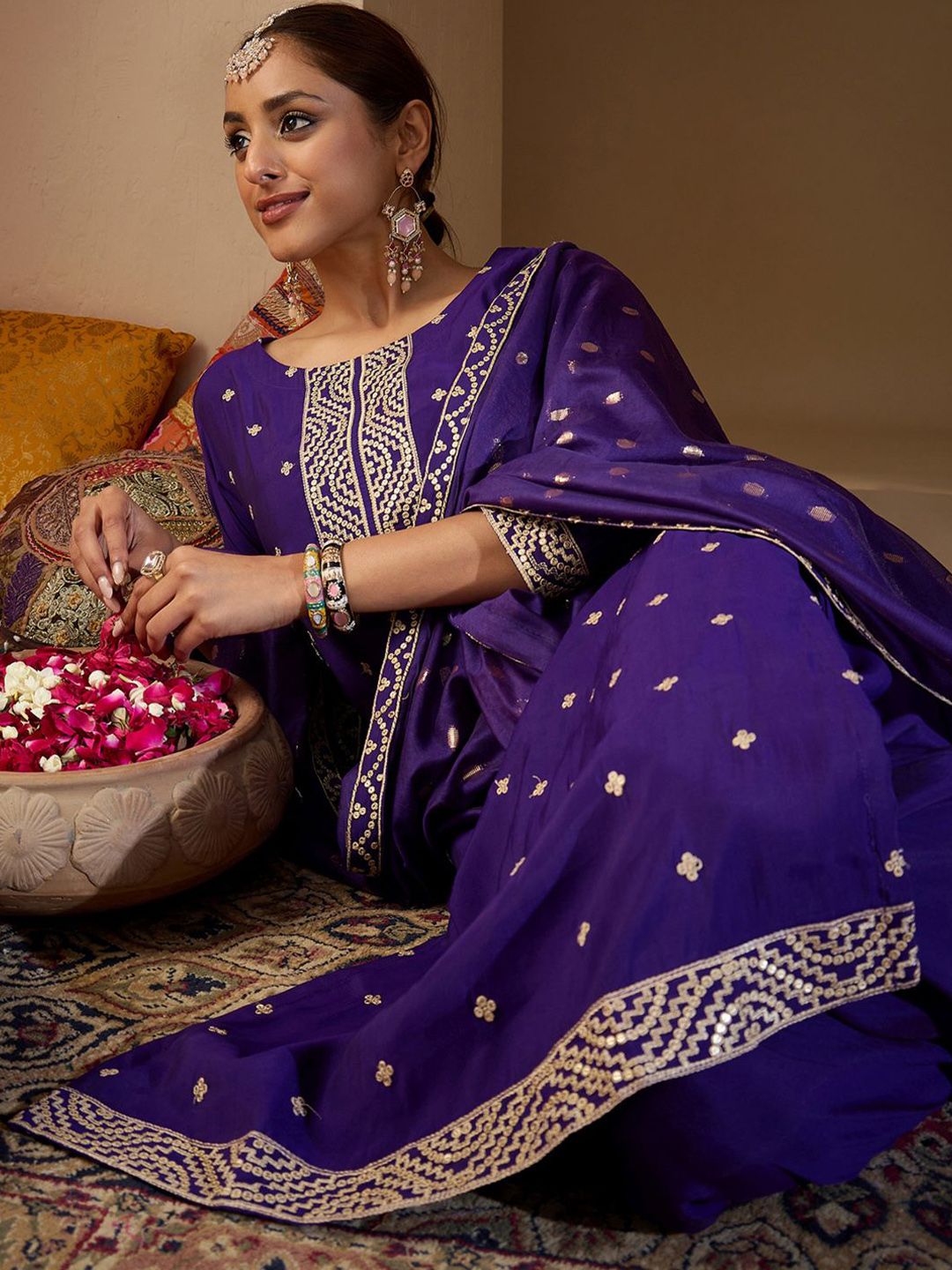 Indo Era Women Ethnic Motifs Embroidered Regular Sequinned Kurta with Trousers & With Dupatta
