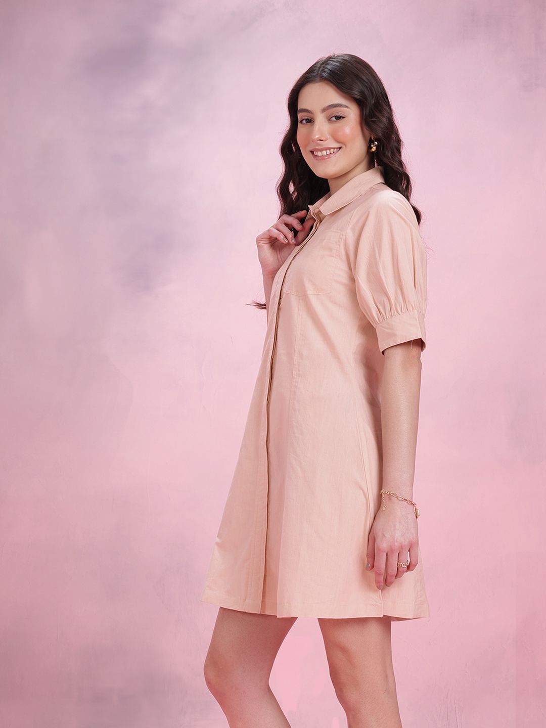 DressBerry Cuffed Sleeve Pure Cotton Shirt Dress