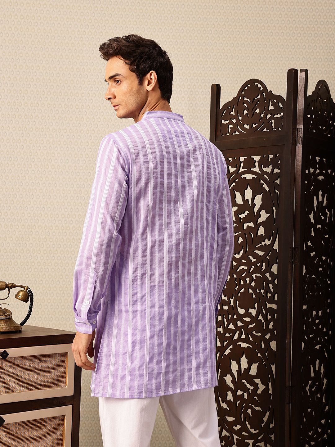 House of Pataudi Striped Mandarin Collar Thread Work Jashn Kurta