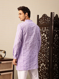 House of Pataudi Striped Mandarin Collar Thread Work Jashn Kurta