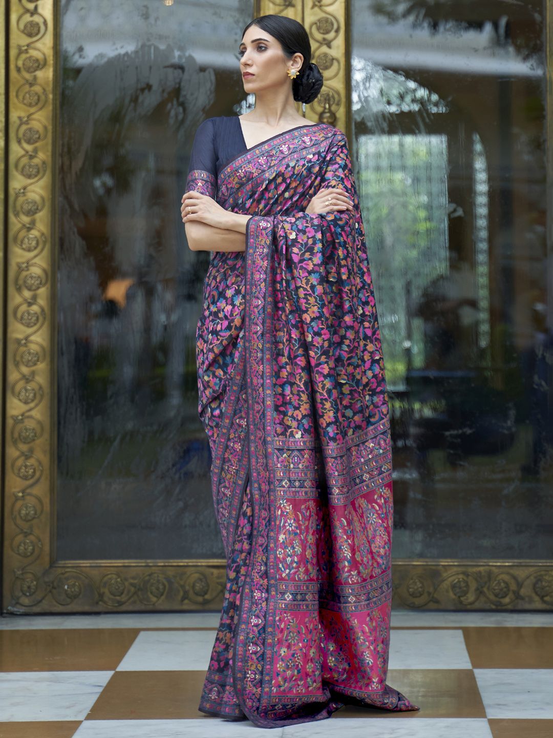 Mitera Navy Blue &amp; Pink Floral Zari Silk Blend Banarasi Saree