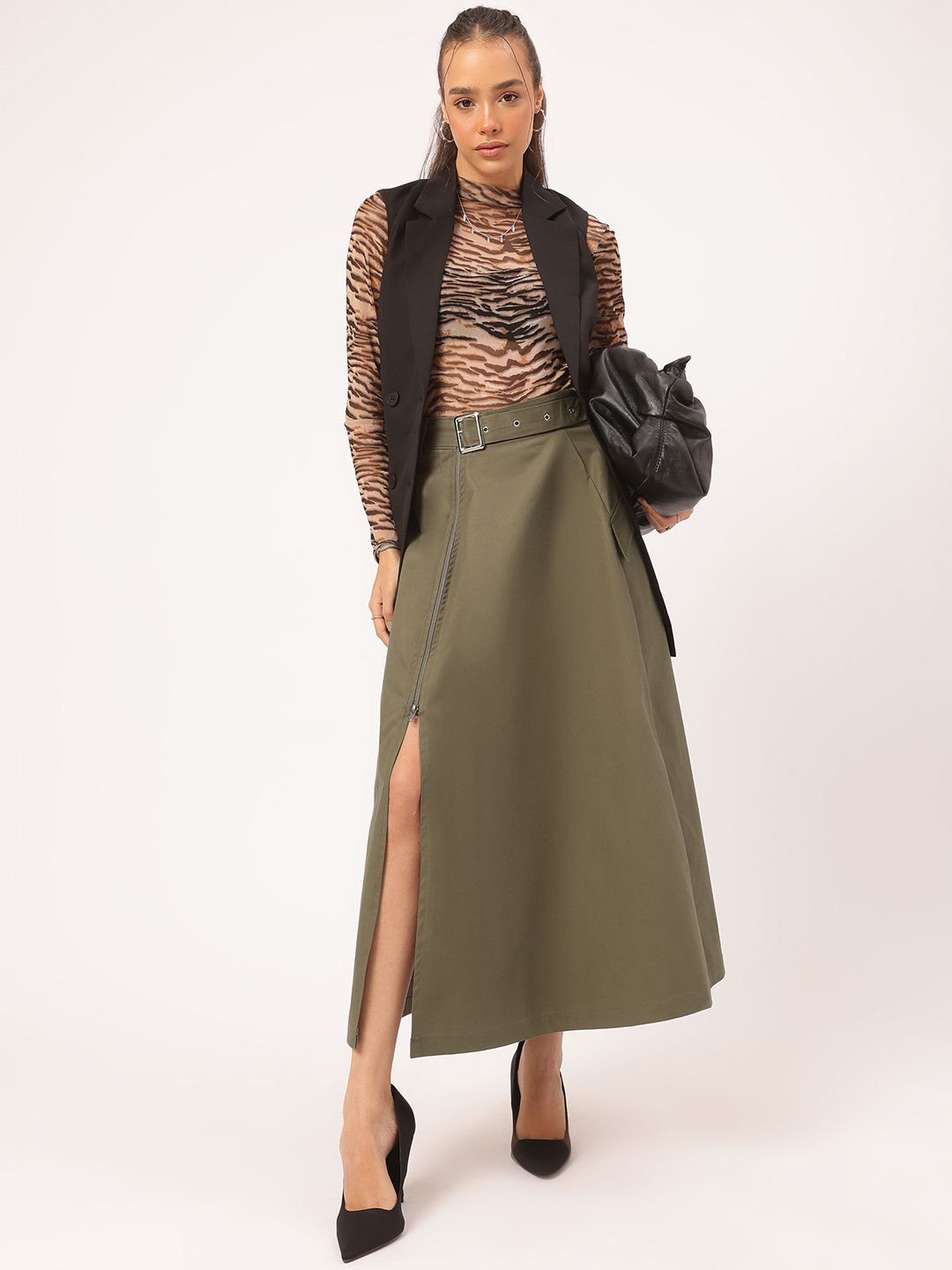DressBerry Bold & Stylish Side High Slit A-Line Belted Midi Skirt