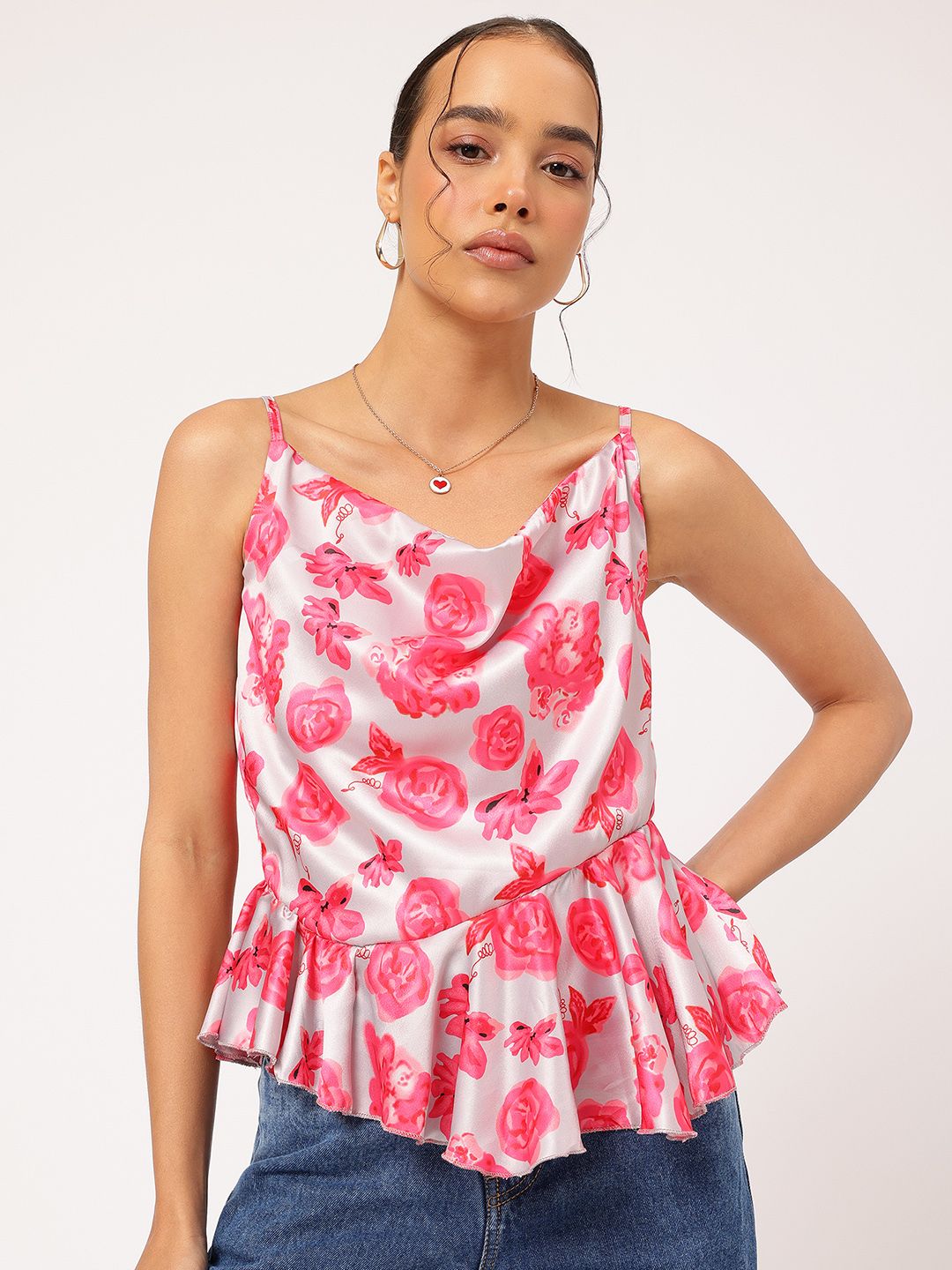 DressBerry Radiant Roses Satin Bow Tie-Up Ruffled Hem Top