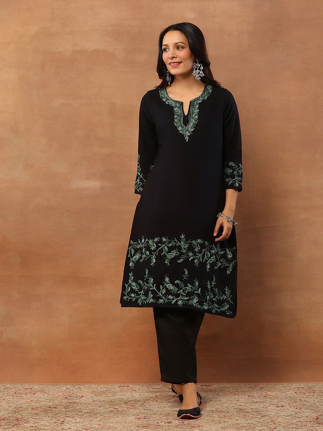 House of Chikankari Women Black Woolen Aari Sulam Kurta