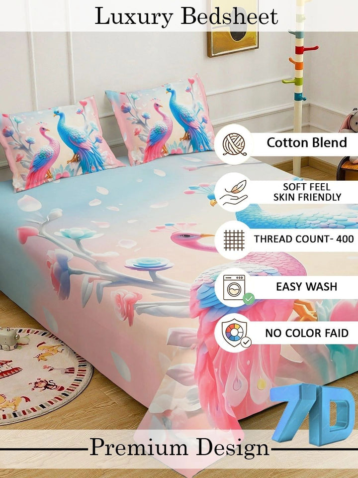 Myntra Elegant Homes White & Turquoise Blue 400 TC King Bedsheet with 2 Pillow Covers