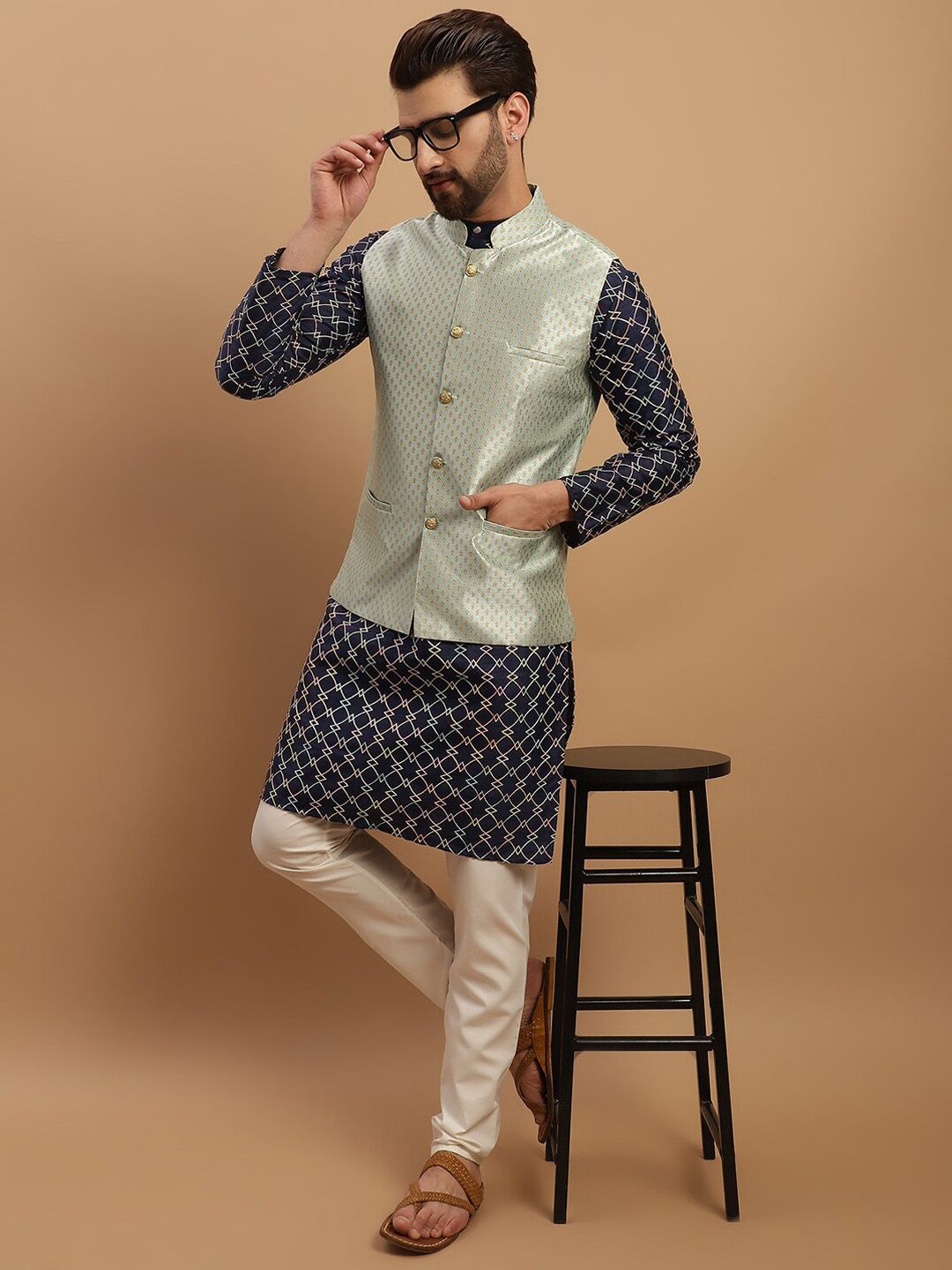 SOJANYA Geometric Embroidered Regular Kurta with Churidar & Woven Design Nehru Jacket