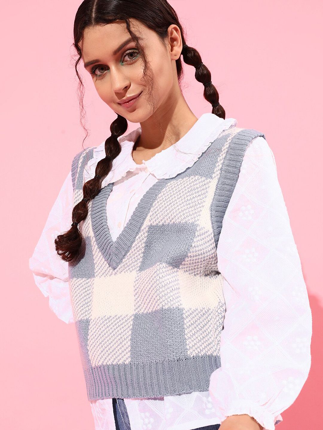 STREET 9 Women Beautiful Blue Checked Sweater