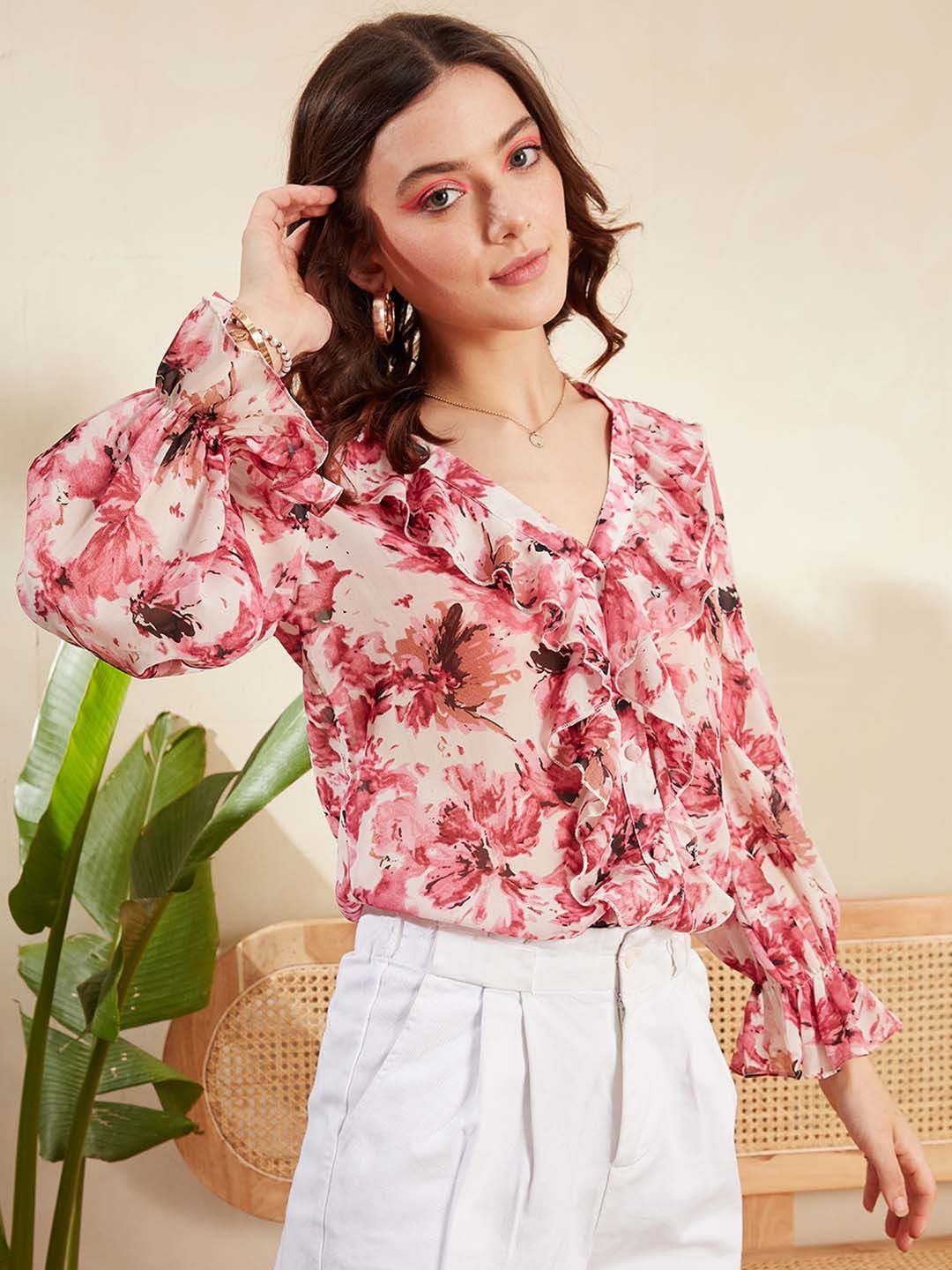 Berrylush Pretty Pink Floral Feminine Frills Top