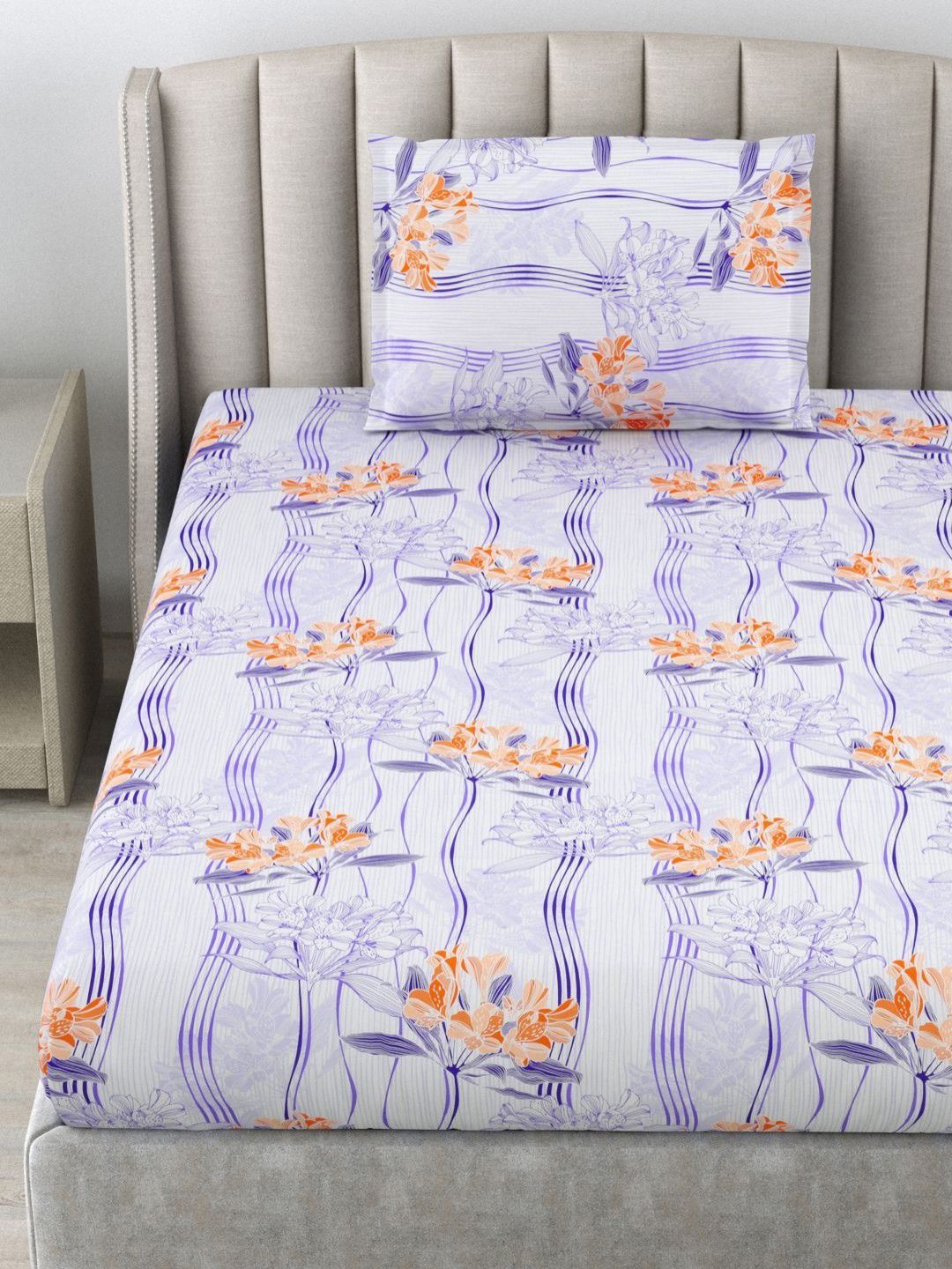 BOMBAY DYEING Epigram Purple Floral Pure Cotton 120TC Single Bedsheet Set 1.50 m X 2.24 m
