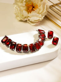 Rubans Rhodium Plated Maroon Crystal Cubic Zirconia Studded Statement Choker Jewelry Set