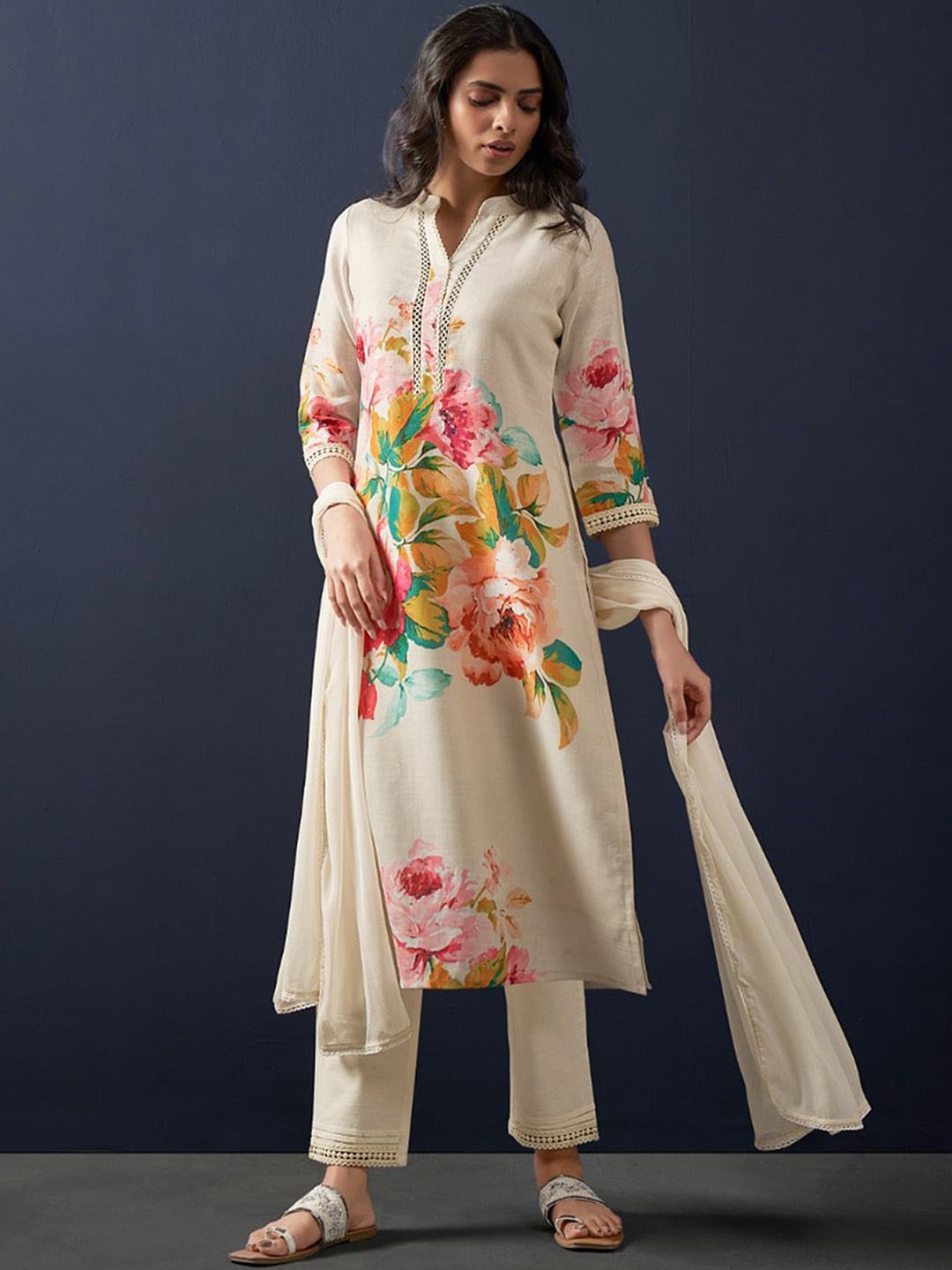 Indo Era Floral Printed Beads and Stones Linen Straight Kurta with Trousers & Dupatta