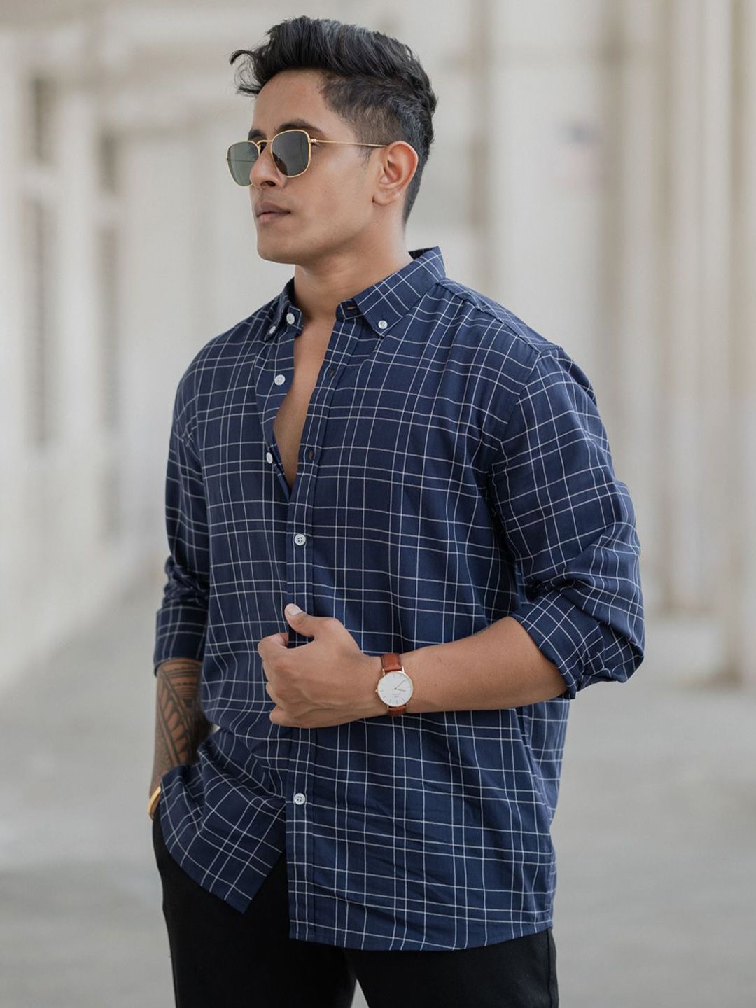 Powerlook Men Button-Down Collar Tartan Checked Cotton Casual Shirt