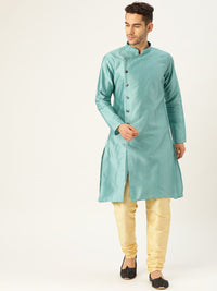SOJANYA Men Sea Green Woven Design Straight Angrakha Kurta