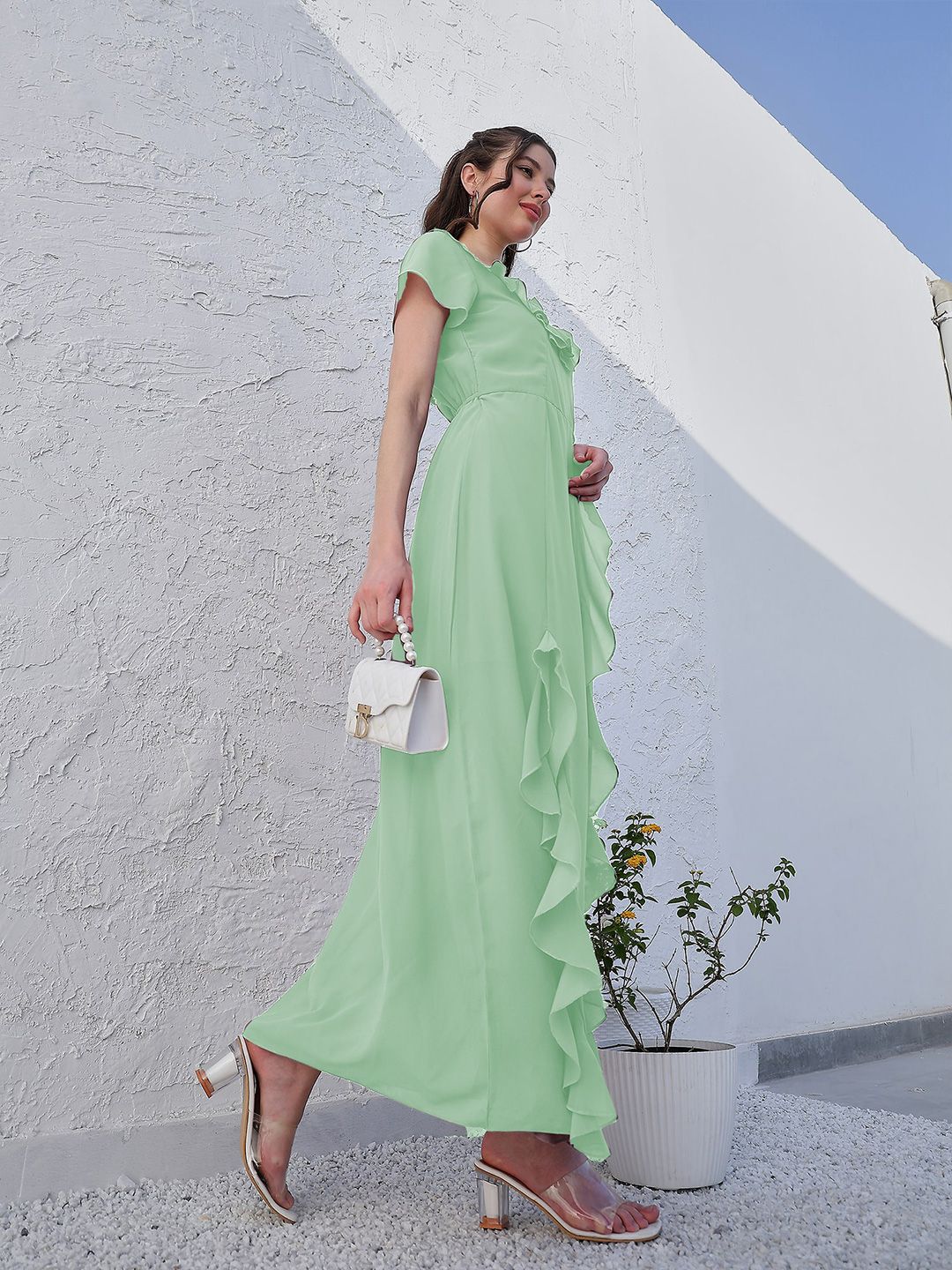 Athena Green V-Neck Flared Sleeve Ruffled Georgette Maxi Dress