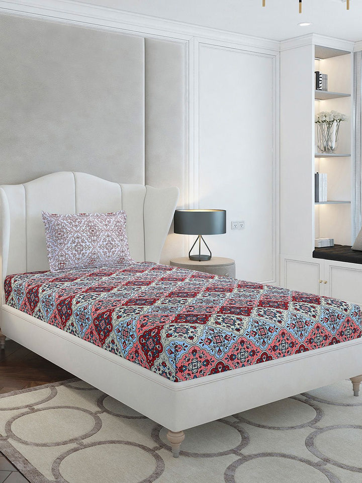 Monte Carlo Maroon & Blue Ethnic Motifs Cotton 144 TC Single Bedsheet Set-2.29 m x 1.52 m