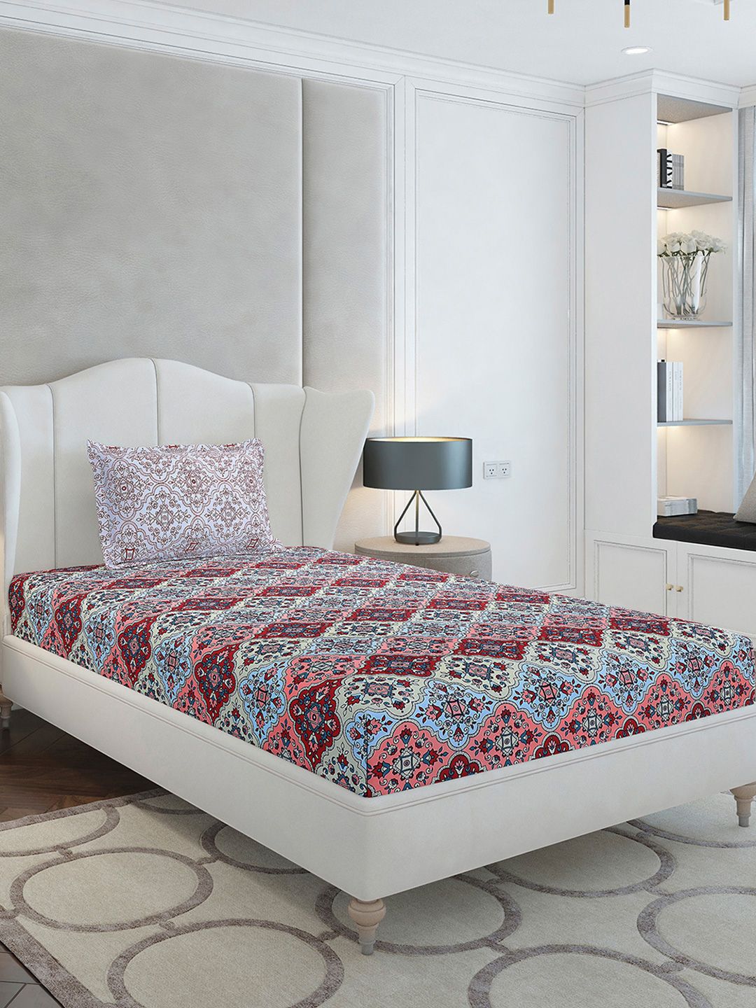 Monte Carlo Maroon & Blue Ethnic Motifs Cotton 144 TC Single Bedsheet Set-2.29 m x 1.52 m