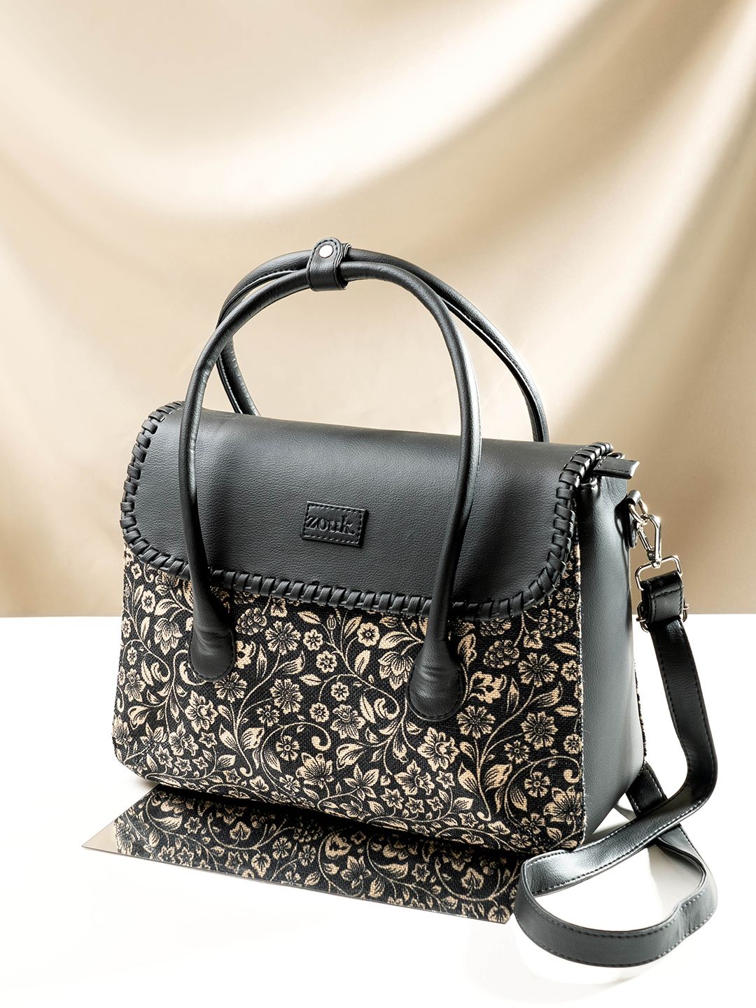ZOUK Floral Printed Oversized Structured Jute Handheld Bag