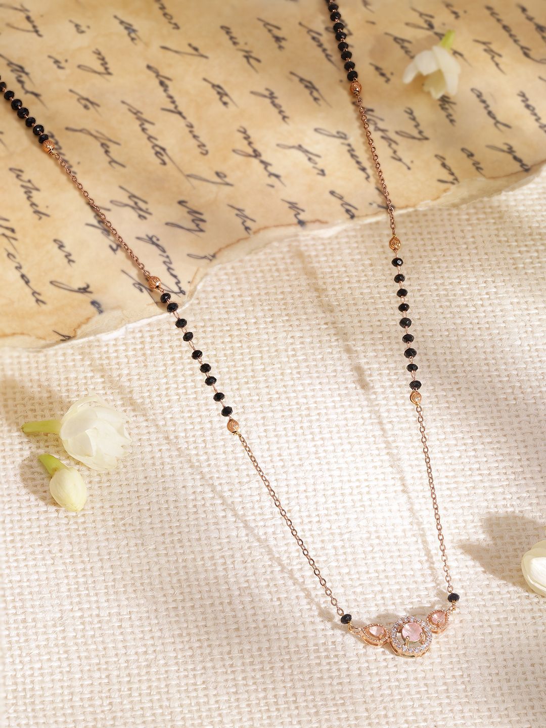 Rubans 18K Rose Gold-Plated Pink AD & Cubic Zirconia Studded Black Beaded Mangalsutra