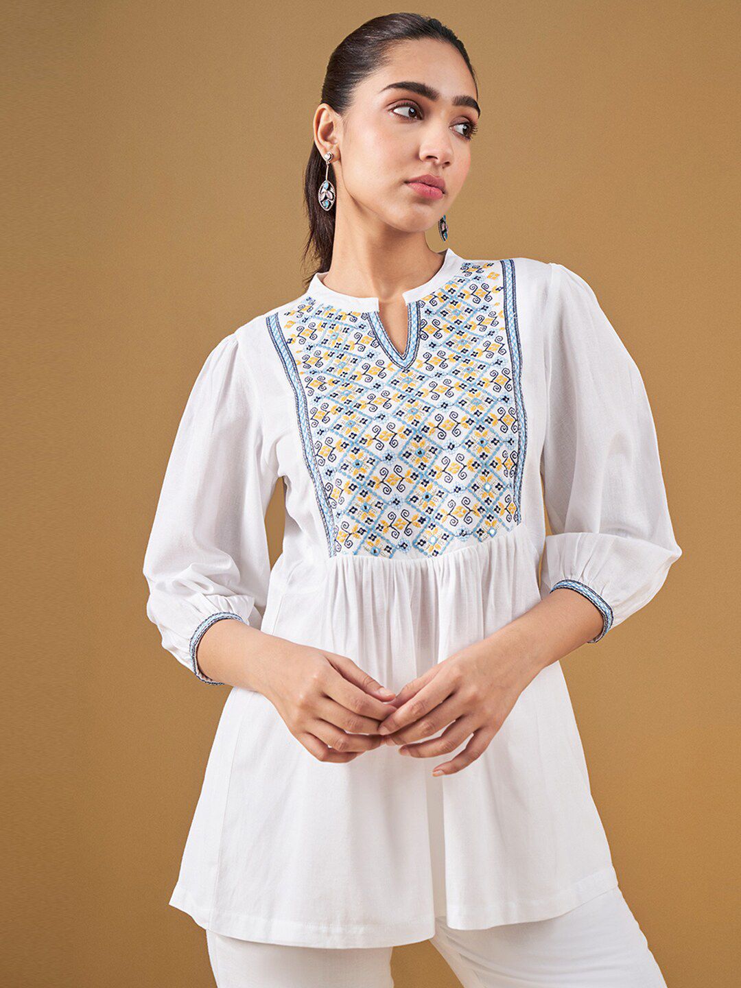 Global Desi Geometric Embroidered Mandarin Collar A-Line Top