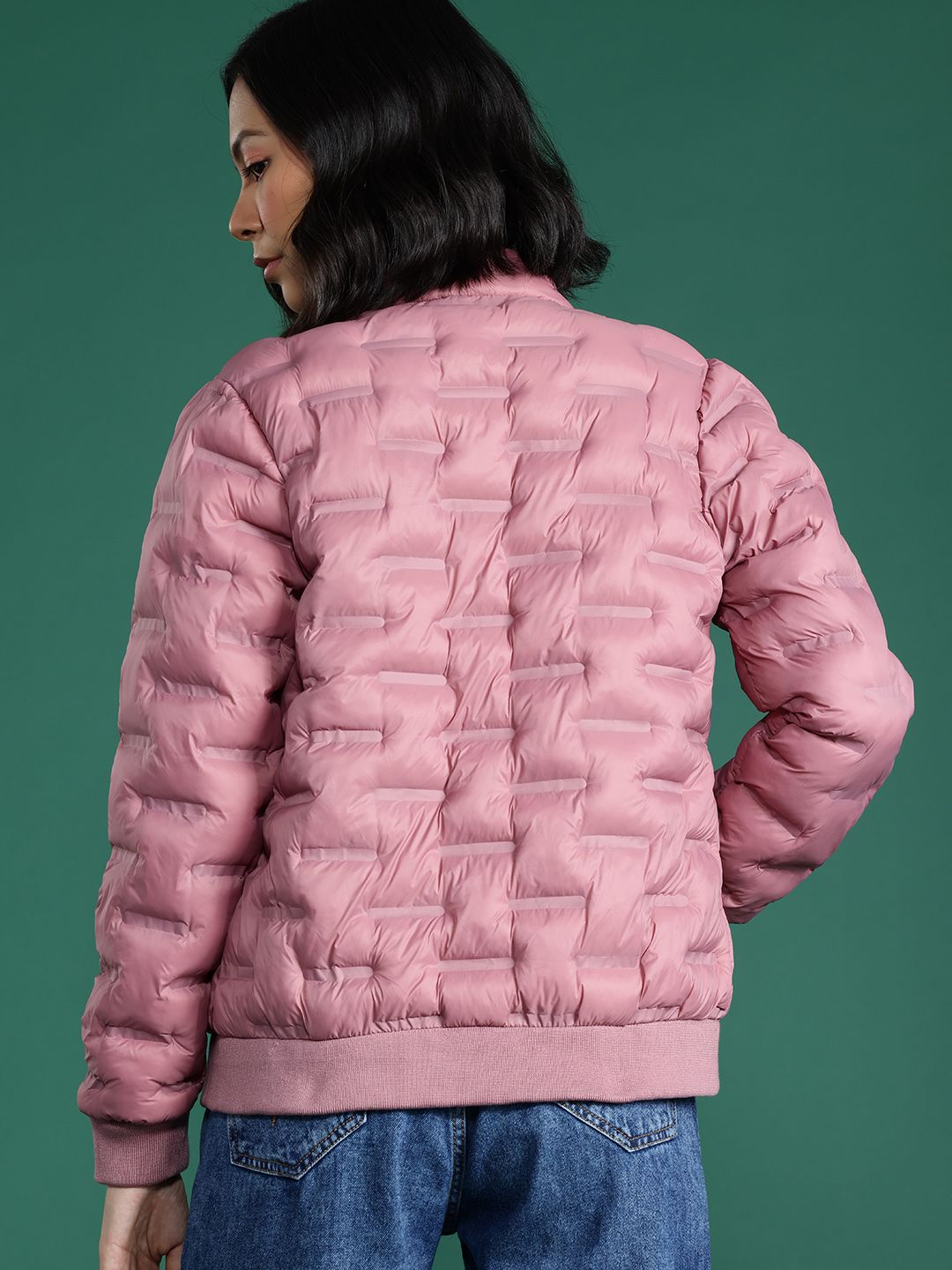 DressBerry Solid Embossed Mock Collar Puffer Jacket
