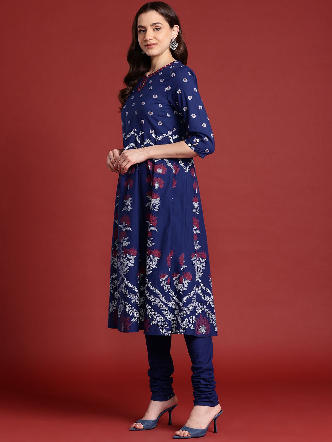 Anouk X Kaarkhana Floral Printed Pleated Pure Cotton Kurta with Churidar & Dupatta