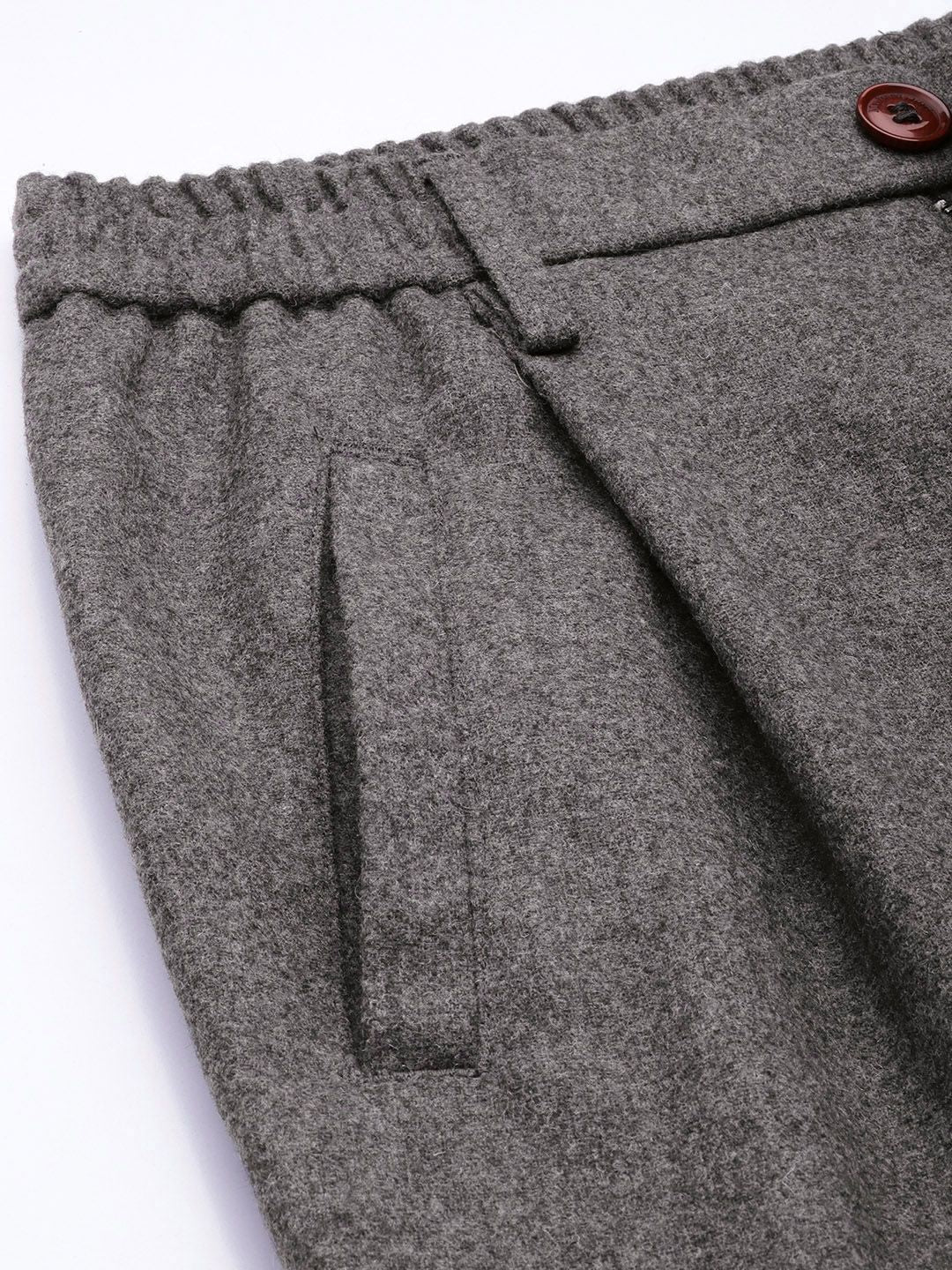 Mr Bowerbird Men Charcoal Frey Liberal Fit Solid Pleated Tweed Cargos