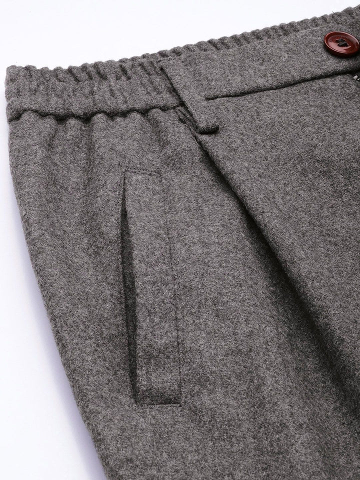 Mr Bowerbird Men Charcoal Frey Liberal Fit Solid Pleated Tweed Cargos
