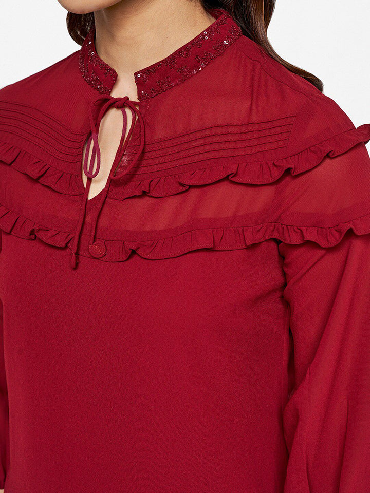 AND Women Tie-Up Neck Ruffled Top