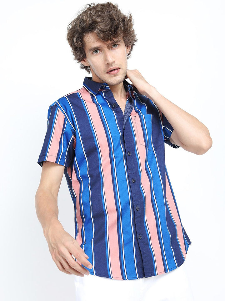 HIGHLANDER Men Blue & Peach-Coloured Slim Fit Multi Stripes Striped Cotton Casual Shirt