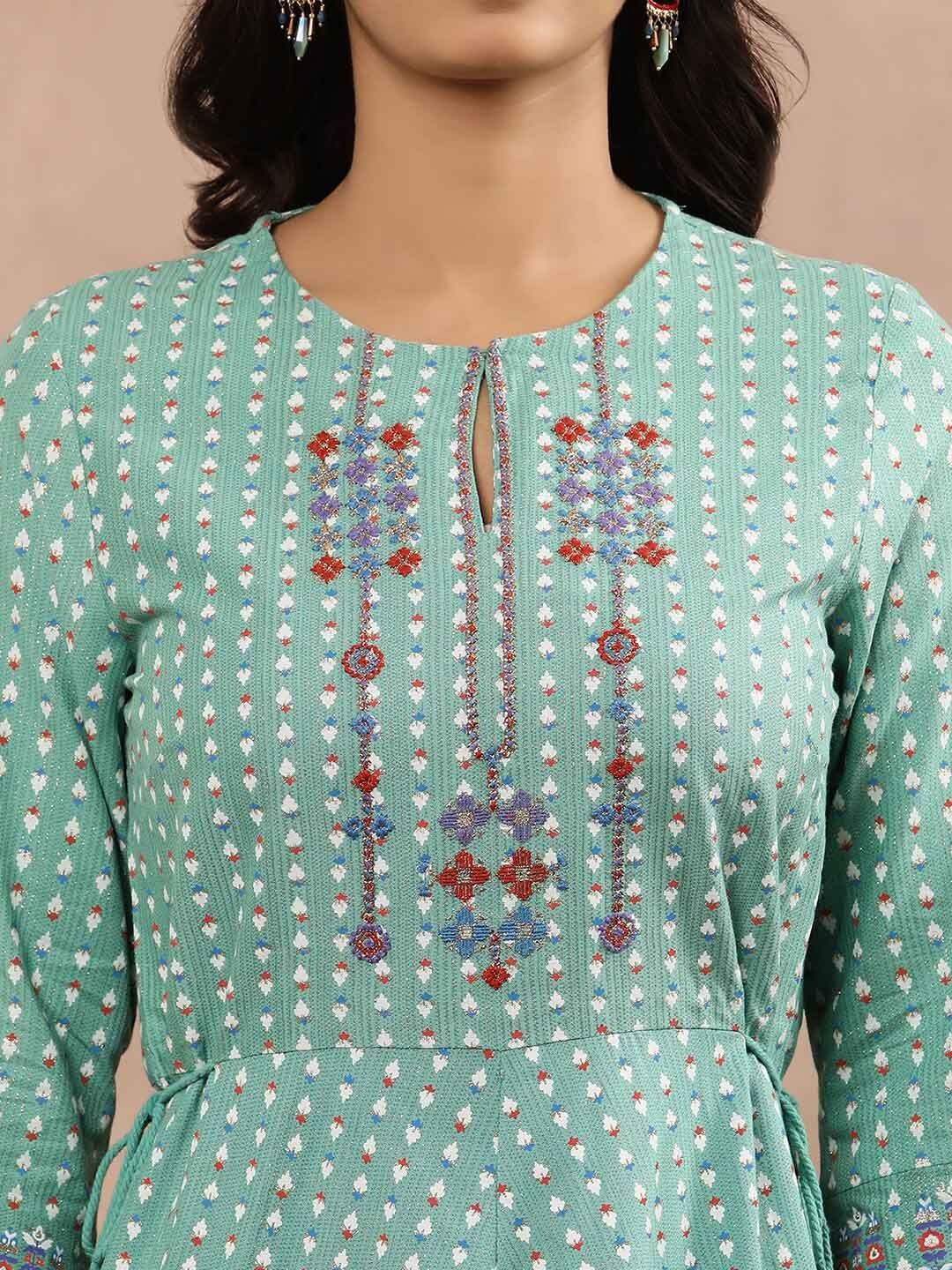 W Green Geometric Printed Keyhole Neck Anarkali Kurta Set
