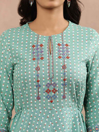 W Green Geometric Printed Keyhole Neck Anarkali Kurta Set