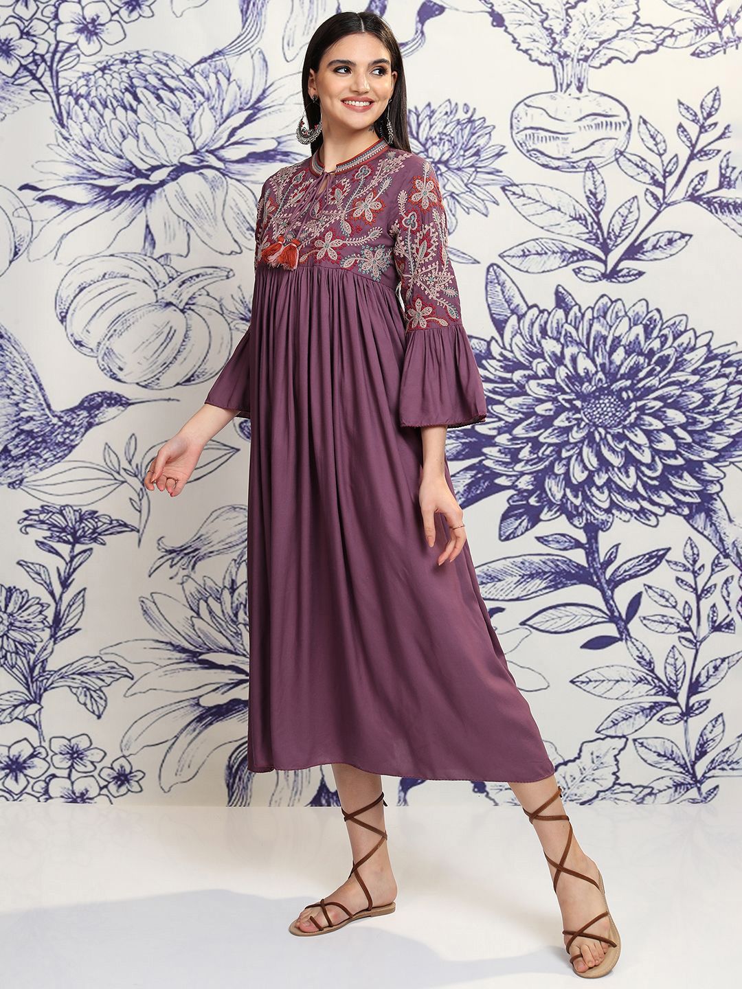 Vishudh Women Embroidered Tie-Up Neck Flared Sleeves Gathered Empire Midi Ethnic Dress