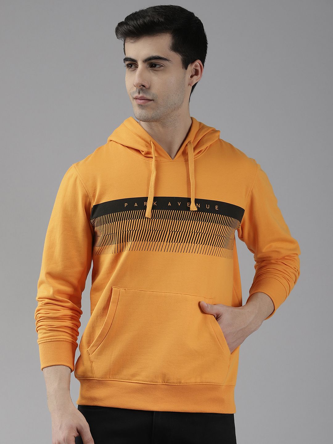 Park Avenue Men Mustard Yellow Striped Hooded Sweatshirt
