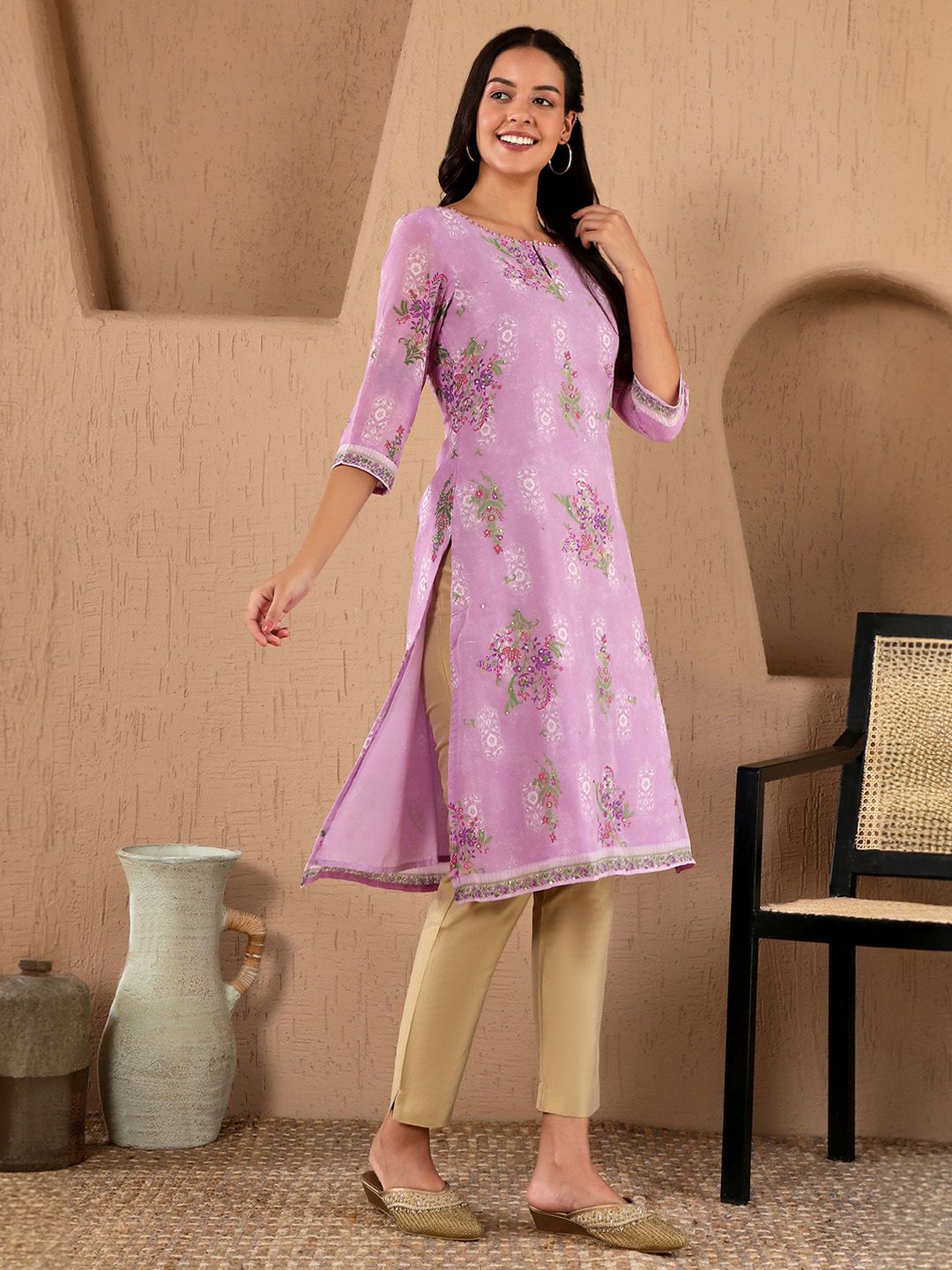 W Festive Floral Print Georgette Straight Kurta