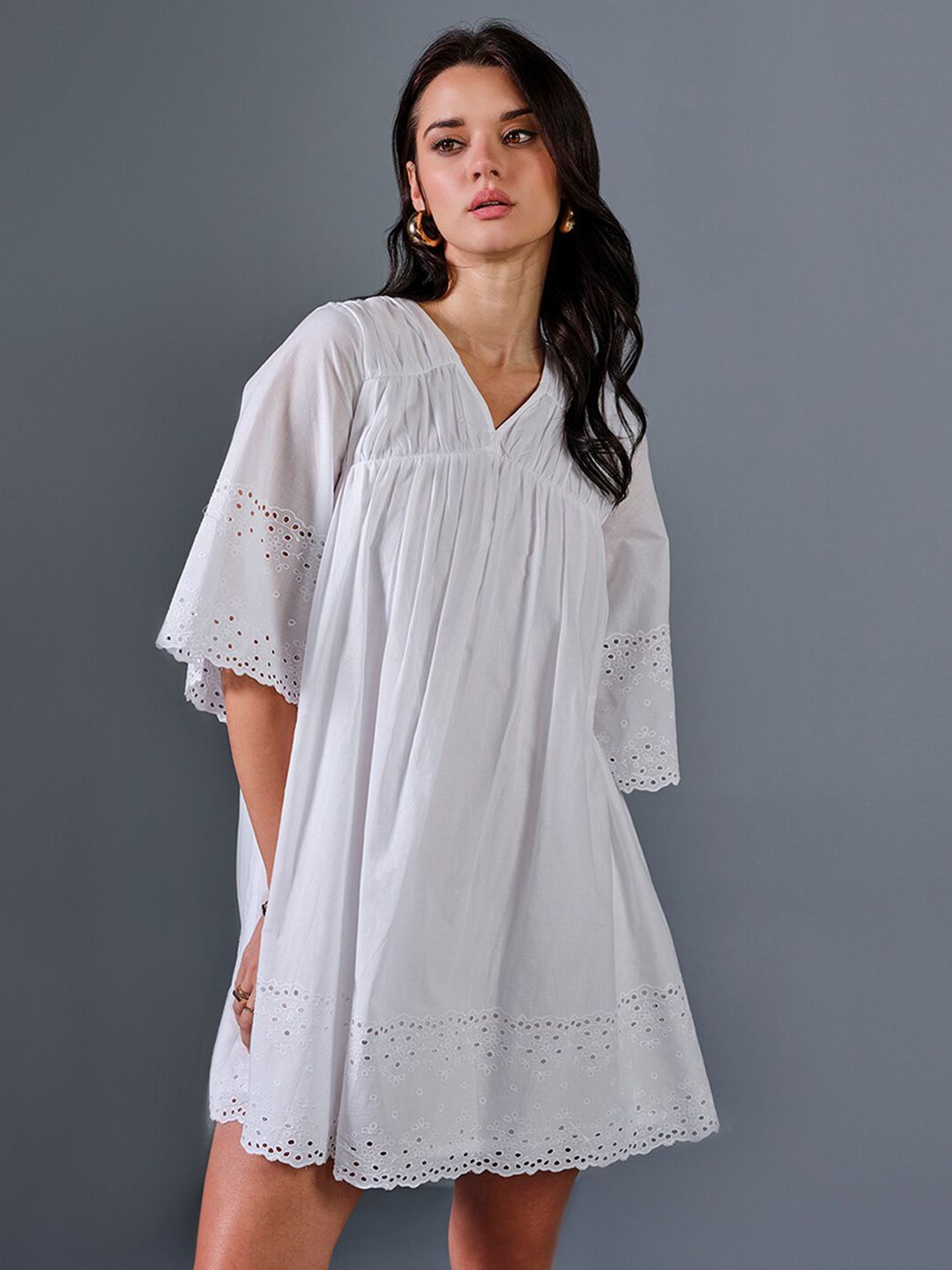 AND Striped V-Neck Bell Sleeve A-Line Dress
