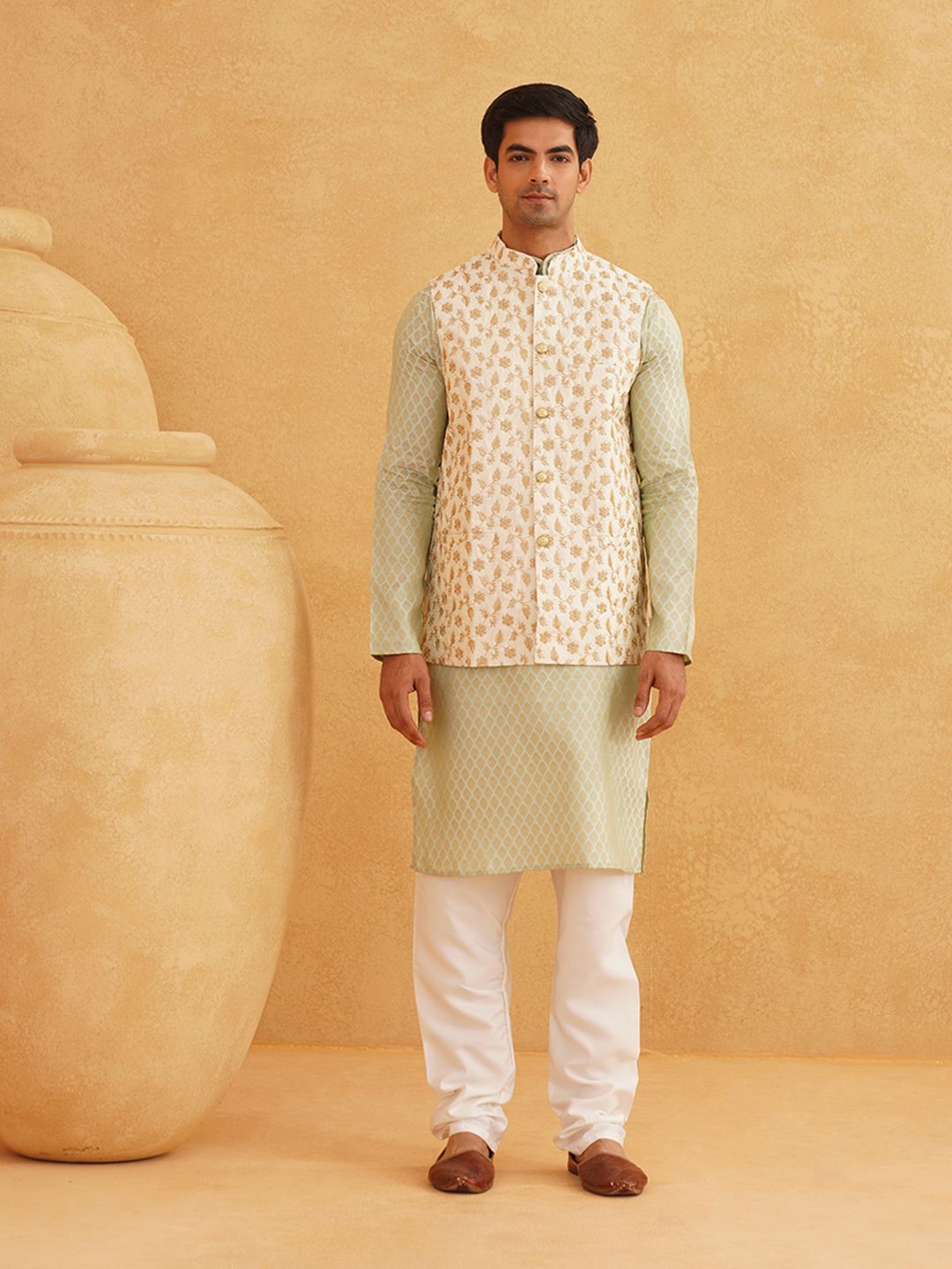 SOJANYA Woven Design Mandarin Collar Kurta with Churidar & Nehru Jacket