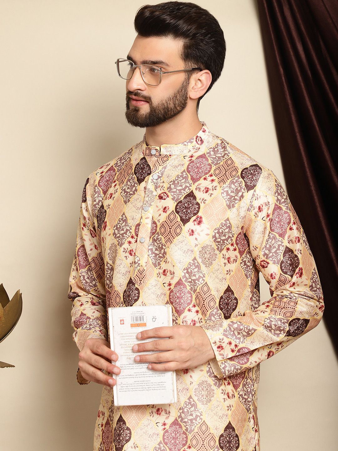 Anouk Beige Ethnic Motifs Printed Mandarin Collar Long Sleeves Silk Cotton Straight Kurta