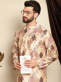 Anouk Beige Ethnic Motifs Printed Mandarin Collar Long Sleeves Silk Cotton Straight Kurta