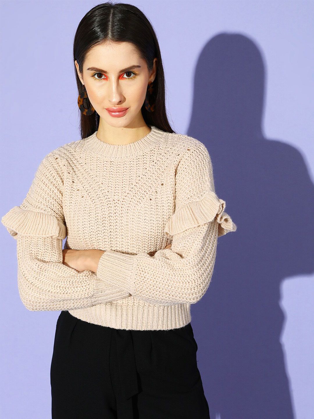 STREET 9 Women Beige Ribbed Round Neck Pullover