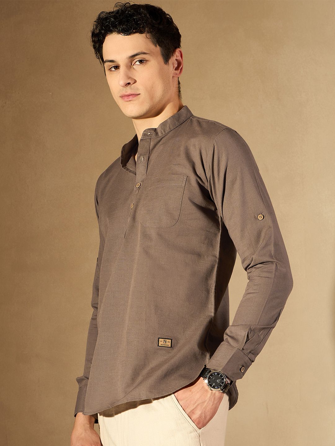 DENNISON Men Brown Solid Straight Pure Cotton Short Kurta