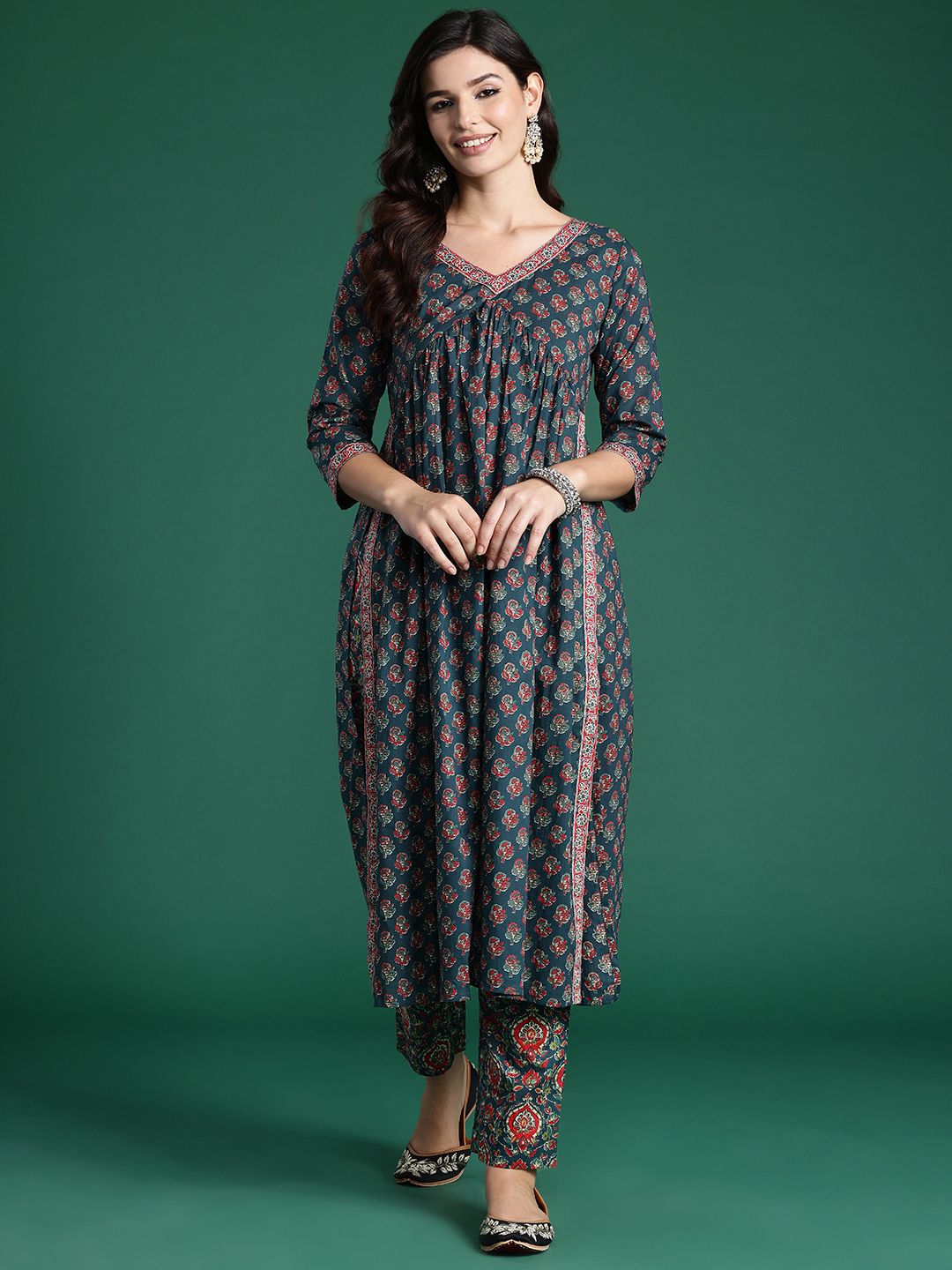Indo Era Ethnic Motifs Printed Empire Pure Cotton Kurta with Trousers
