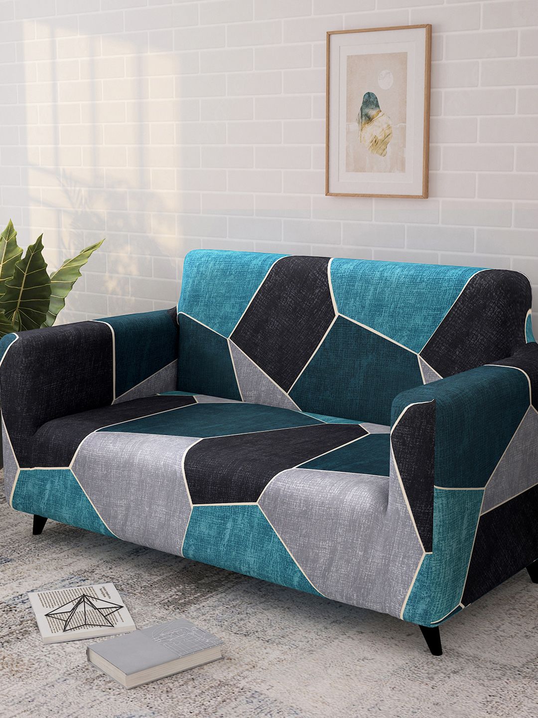 Story@home Blue & Black Printed 2 Seater Stretchable Sofa Cover With Arms