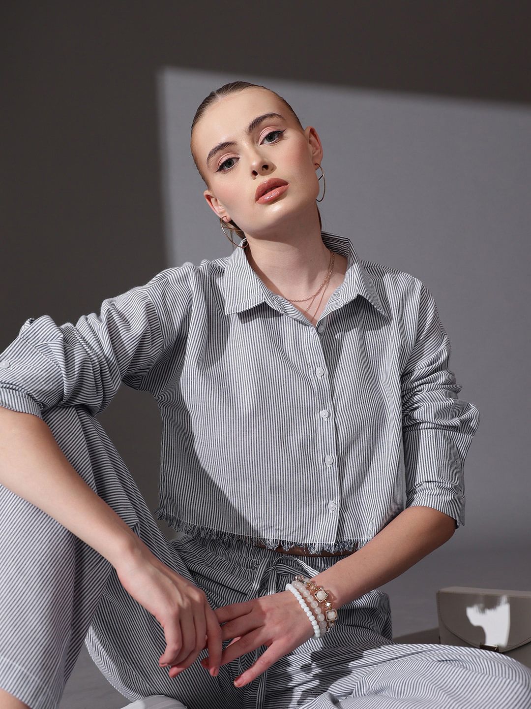 STREET 9 Striped Pure Cotton striped Shirt With Flared Palazzos Co-Ords