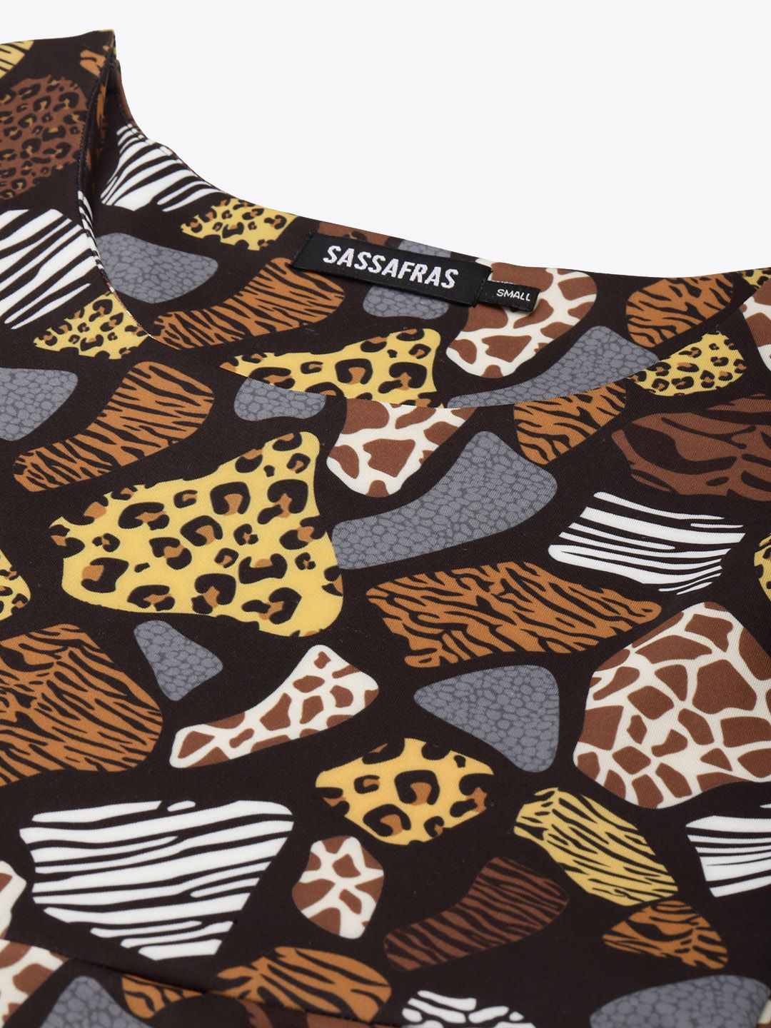 SASSAFRAS Black & Mustard Yellow Scuba Animal Print Peplum Top
