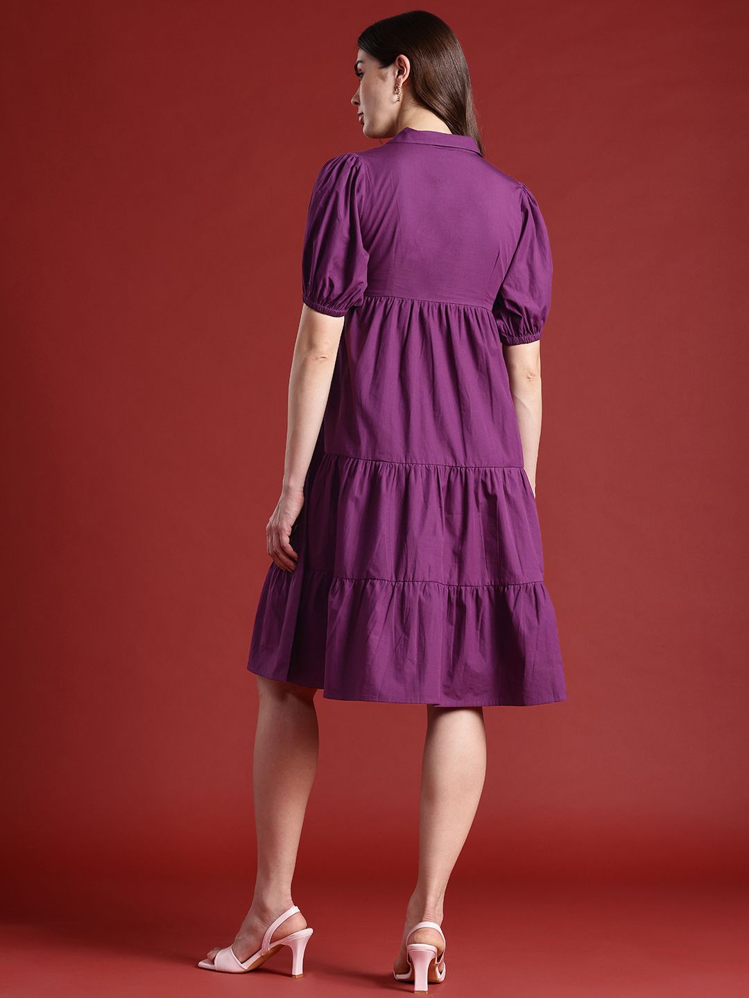 all about you Cotton Puff Sleeves Tiered A-Line Dress