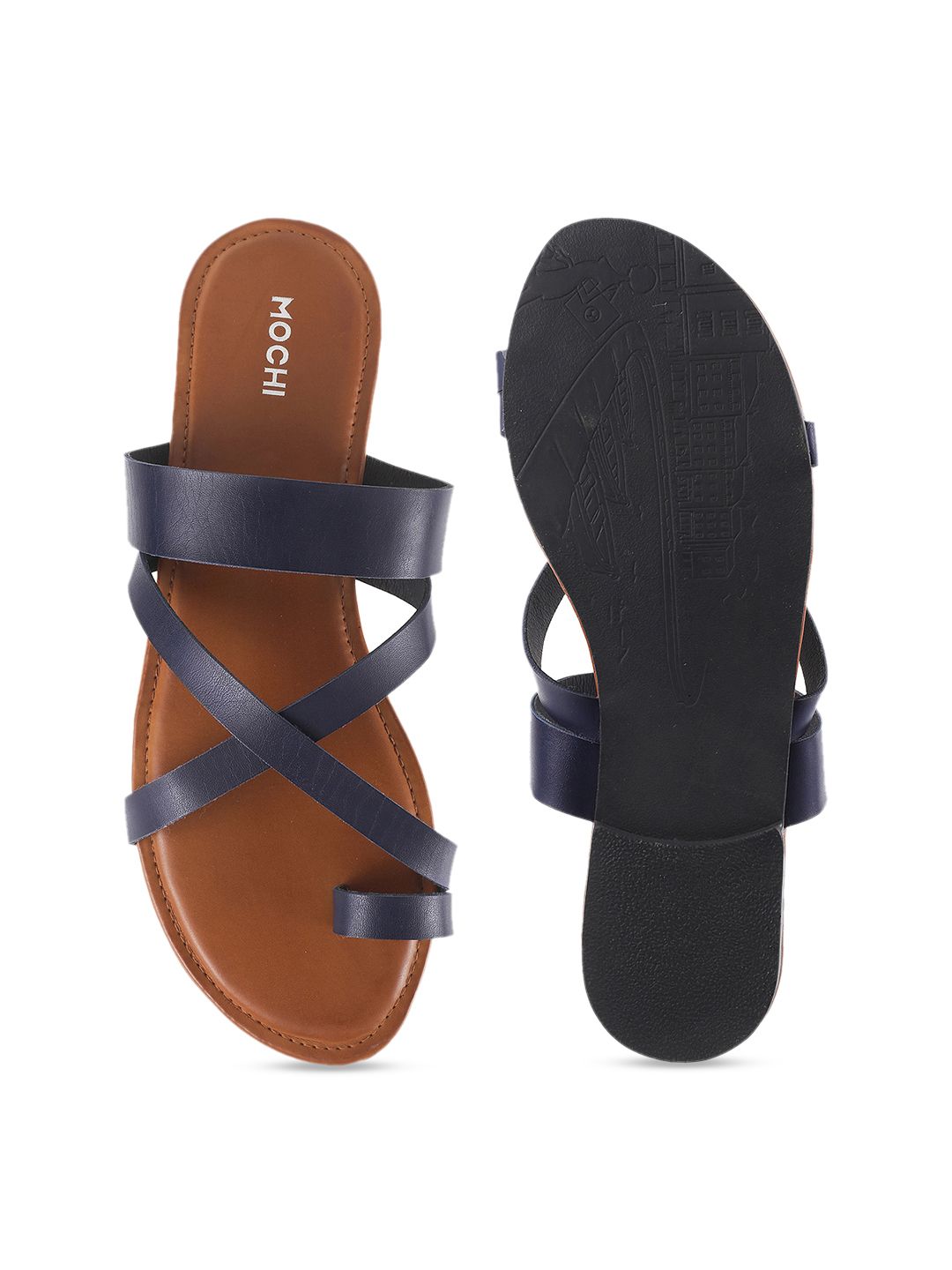 Mochi Women Blue Solid One Toe Flats