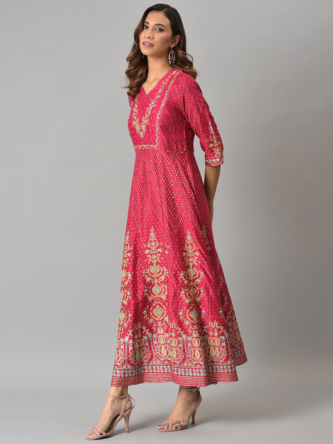 W Women Pink & Blue Ethnic Motifs Printed Maxi Dress