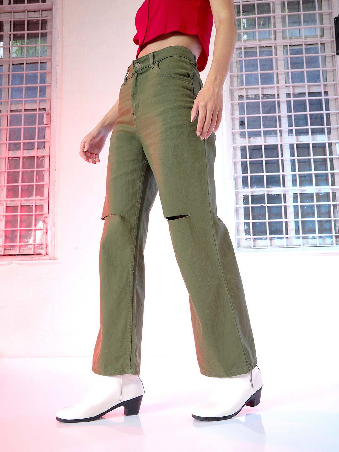 SASSAFRAS Women Olive Green Wide Leg High-Rise Jeans